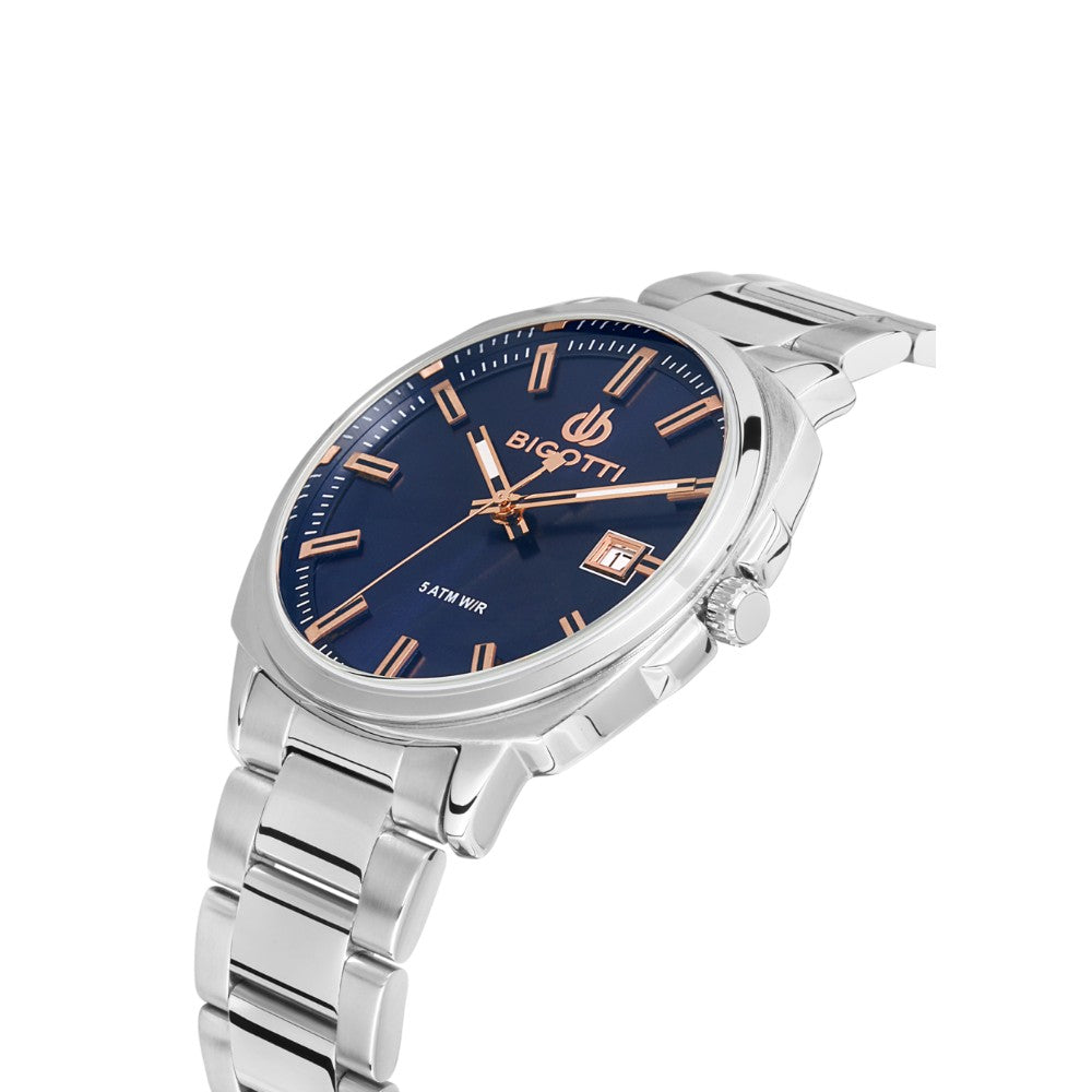 Men’s wristwatch from Bigotti with a metal strap and a deep blue dial featuring a date window.
