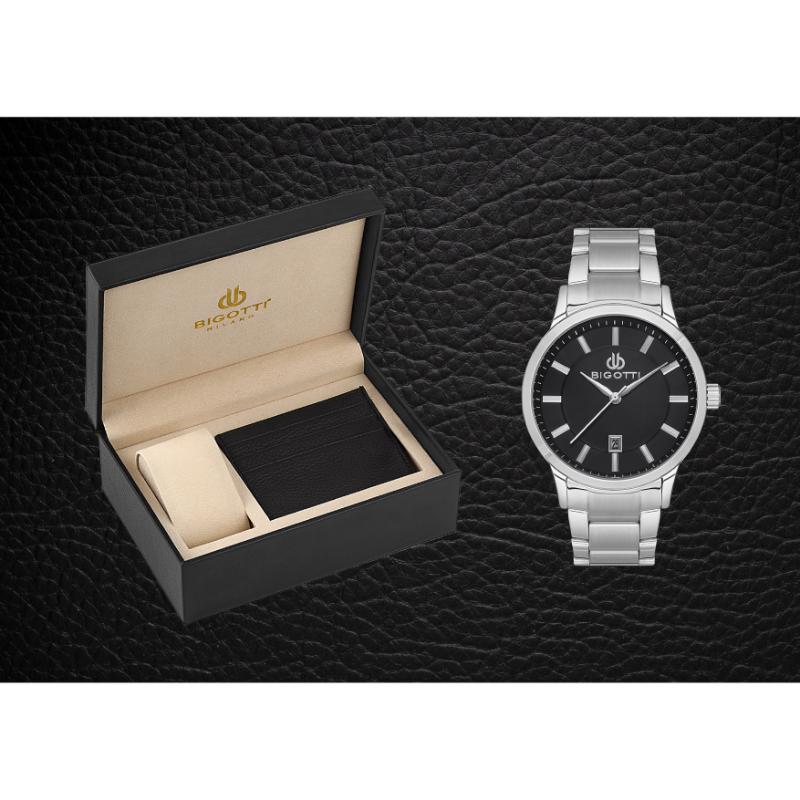 طقم هدايا من بيجوتي (ساعة بيجوتي ستانلس ستيل أنالوج ومحفظة جلد للرجال