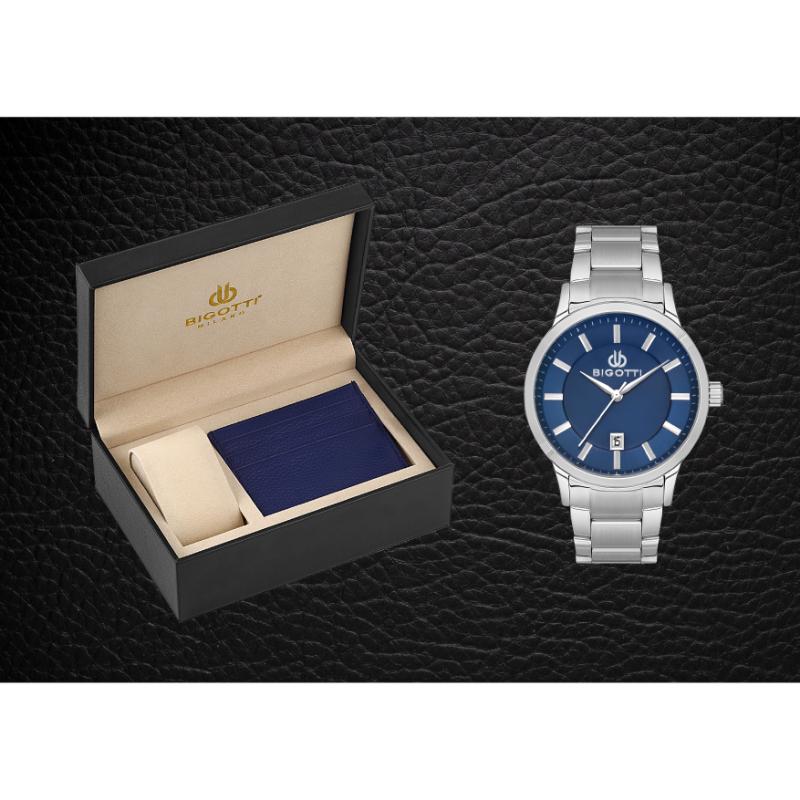 طقم هدايا من بيجوتي (ساعة بيجوتي ستانلس ستيل أنالوج ومحفظة جلد للرجال