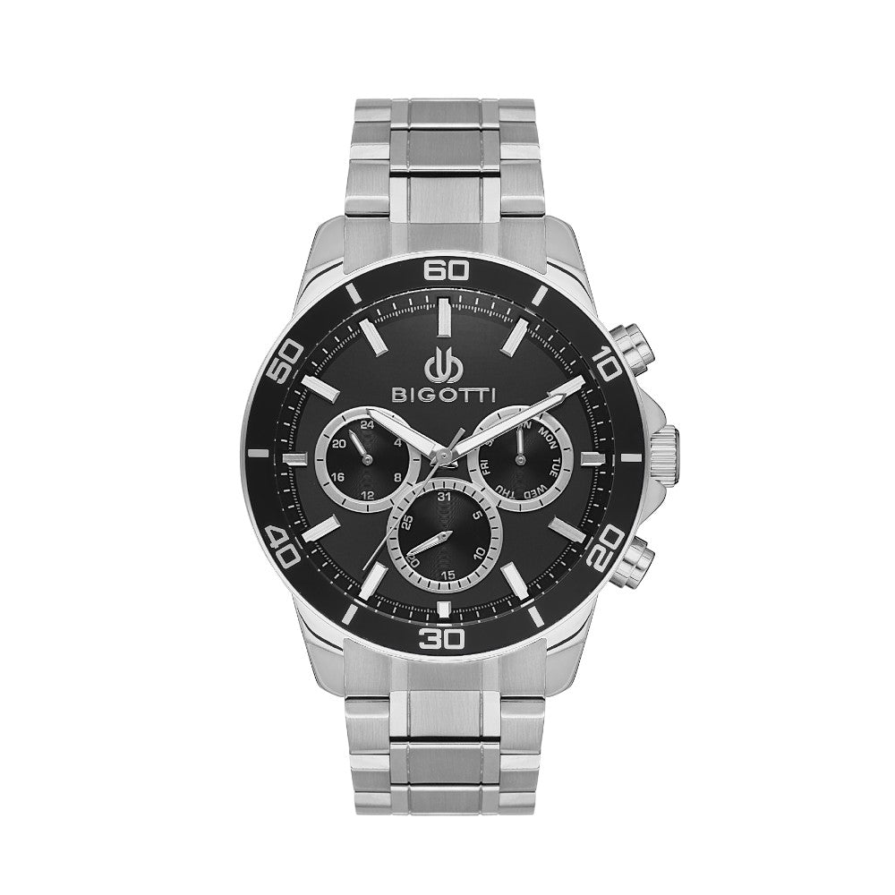 ساعة يد رجالية من بيغوتي بسوار معدني وميناء أسود بعدادات متعددة بإطار رياضي