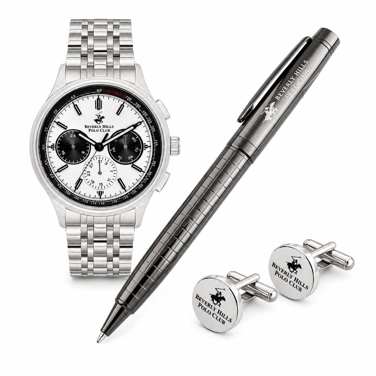 Beverly Hills Polo Club Men’s Analog Set , Silver Dial, Silver Strap – BP3556X.330