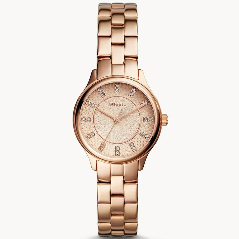 ساعة فوسيل للنساء بسوار من الستانلس ستيل المطلي باللون الذهبي الوردي وميناء مرصع بالكريستال BQ1571