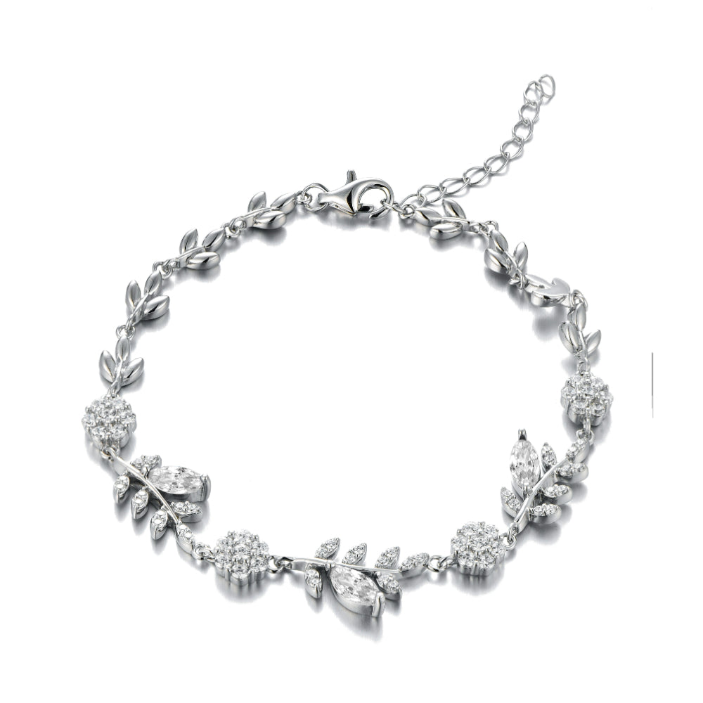 925 silver bracelet with leaf design, adorned with zircon stones