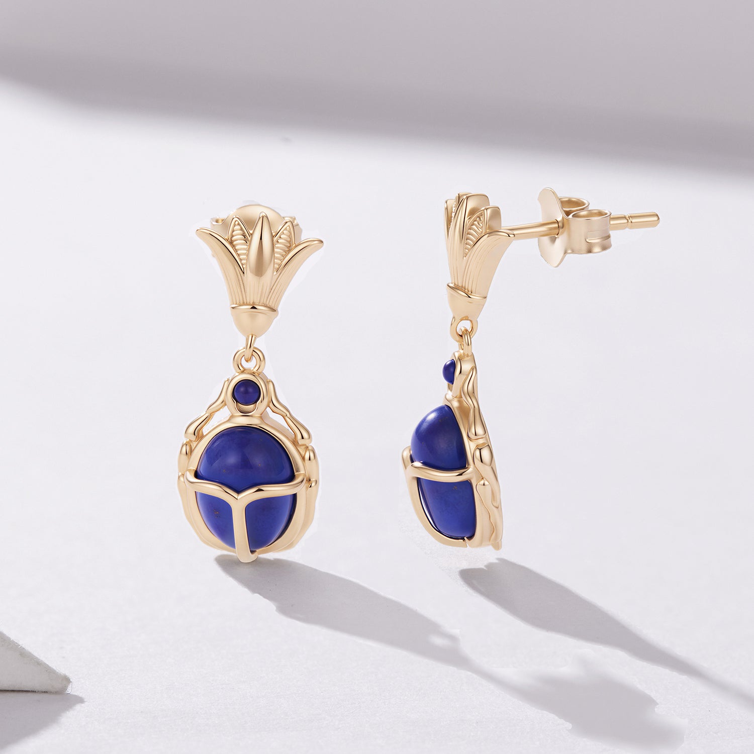 925 Silver Ancient Egyptian Scarab Earrings with Blue Stone, Gold-Plated