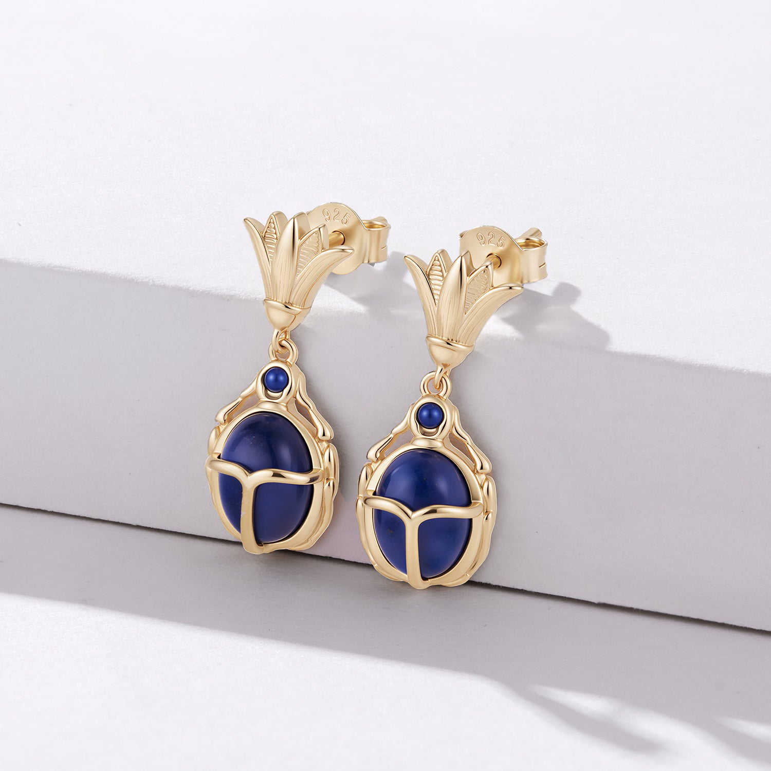 925 Silver Ancient Egyptian Scarab Earrings with Blue Stone, Gold-Plated