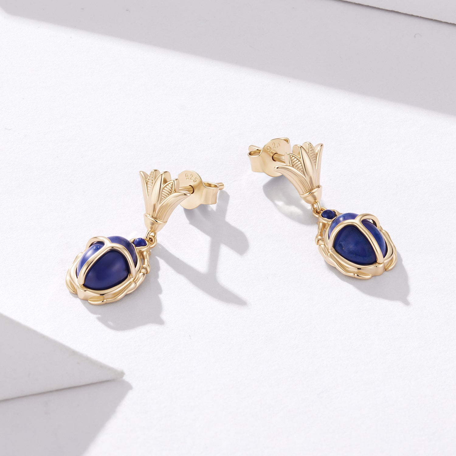 925 Silver Ancient Egyptian Scarab Earrings with Blue Stone, Gold-Plated