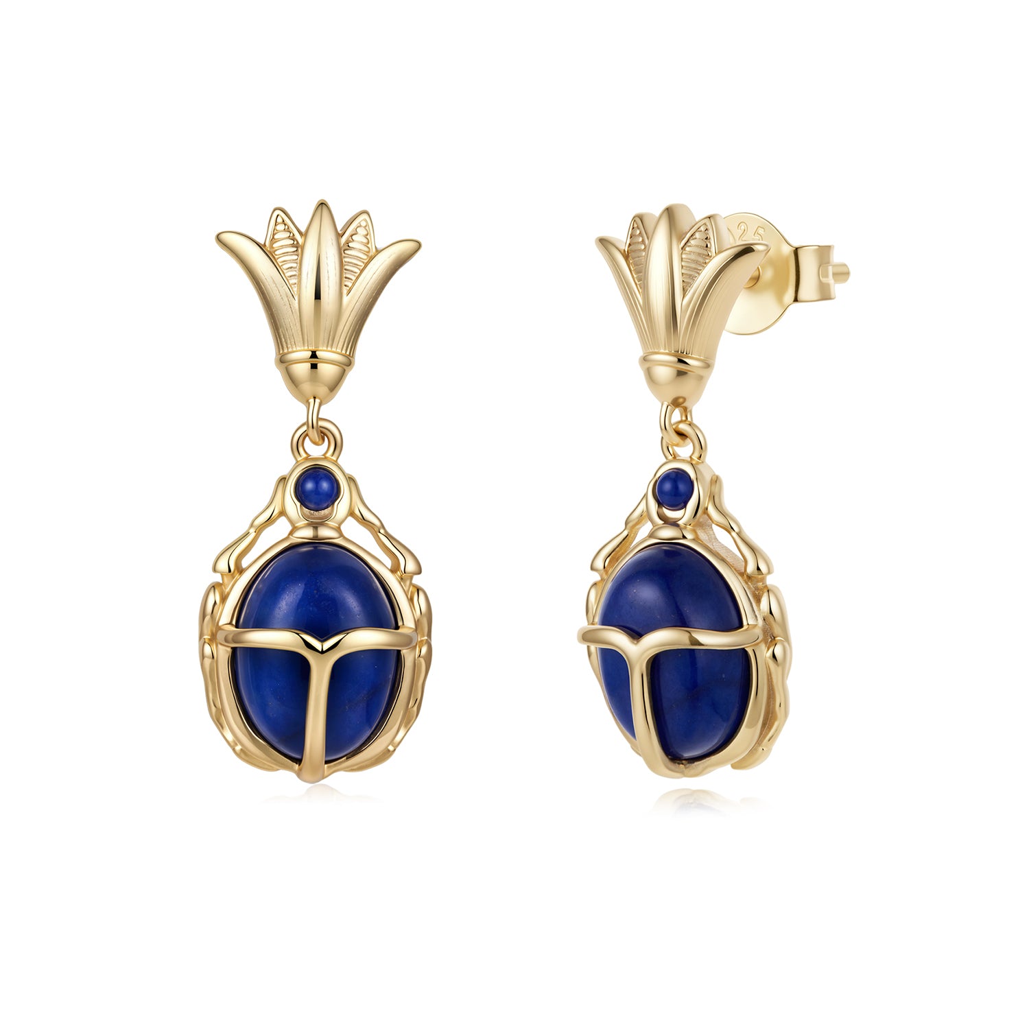 925 Silver Ancient Egyptian Scarab Earrings with Blue Stone, Gold-Plated