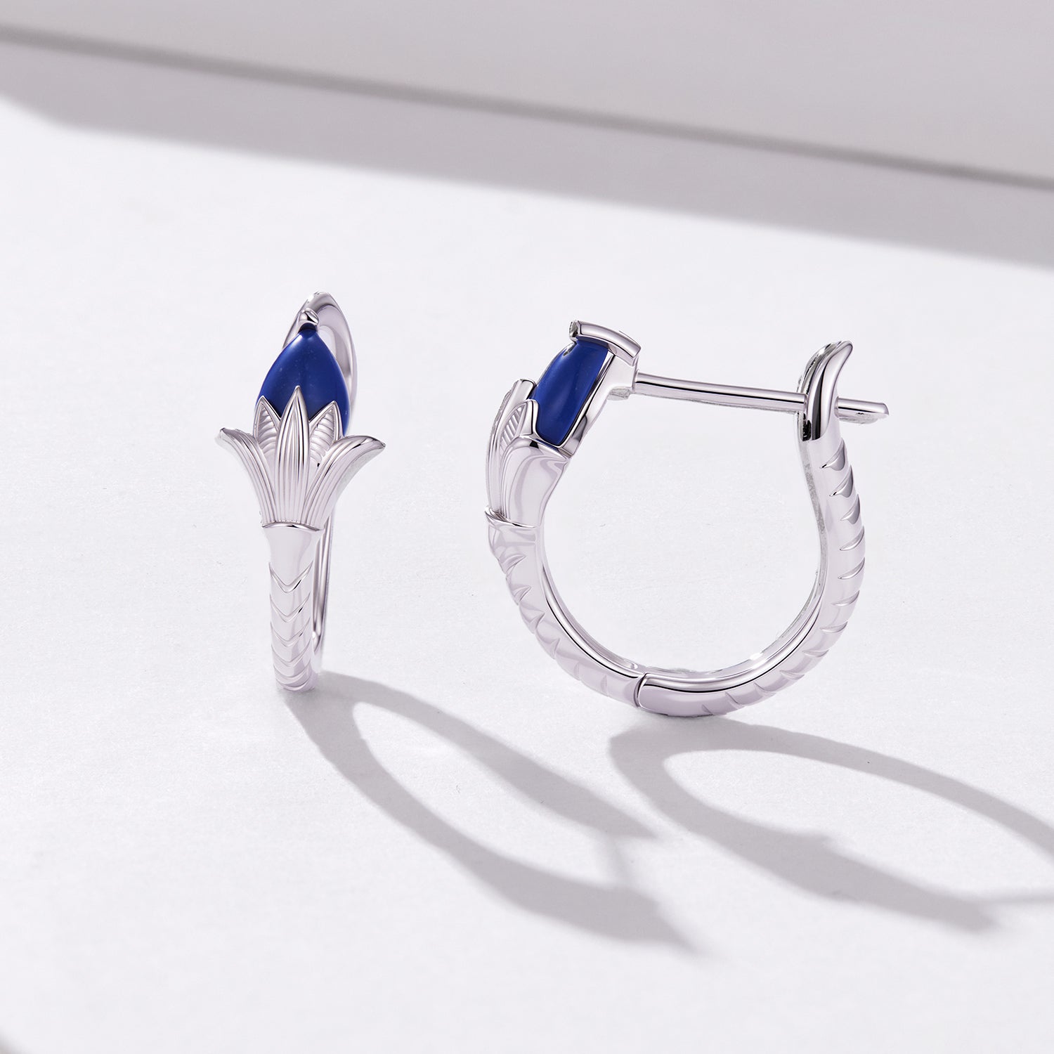 925 Silver Ancient Egyptian Lotus Flower Earrings with Blue Stone