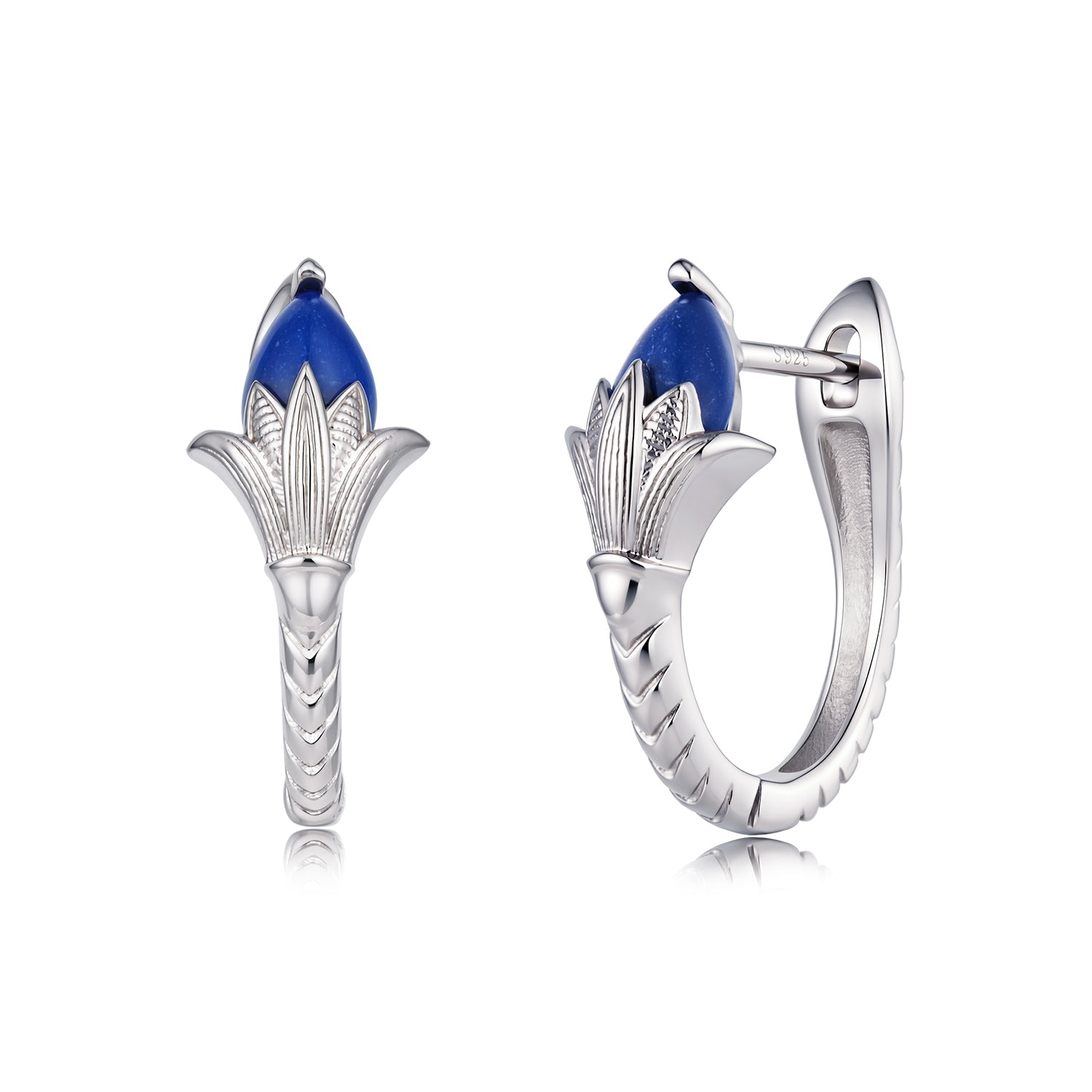 925 Silver Ancient Egyptian Lotus Flower Earrings with Blue Stone