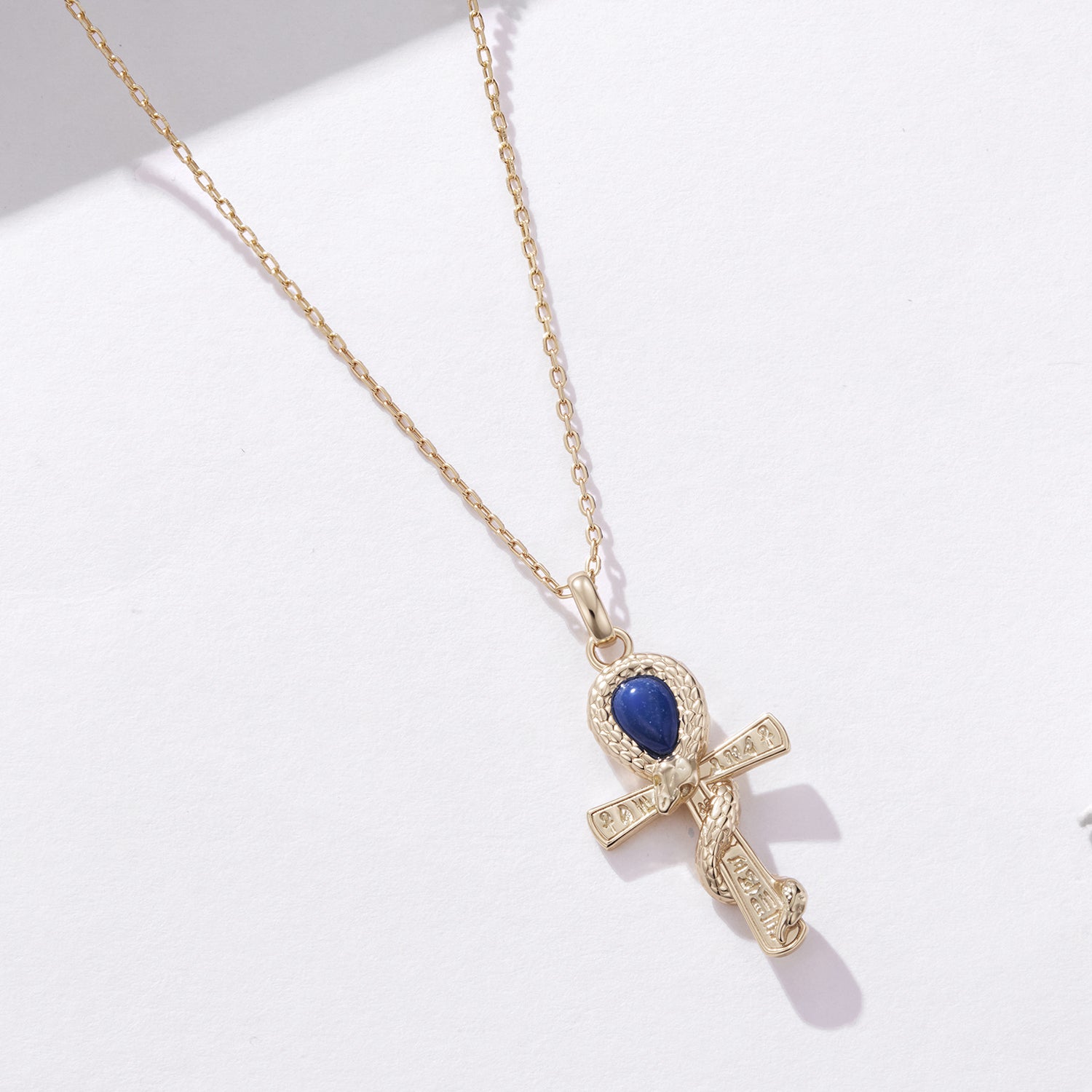 Gold-Plated 925 Silver Ancient Egyptian Ankh Necklace with Blue Stone