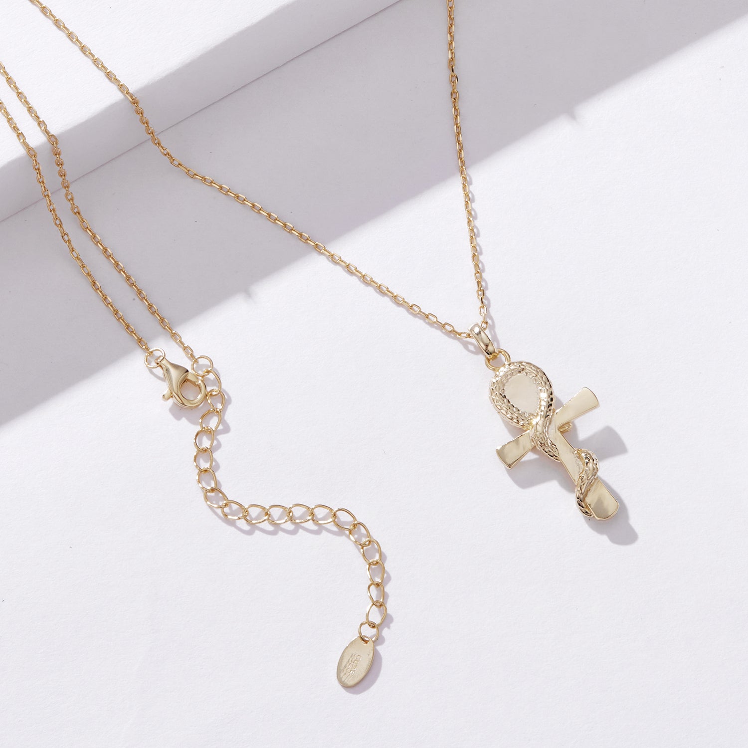 Gold-Plated 925 Silver Ancient Egyptian Ankh Necklace with Blue Stone