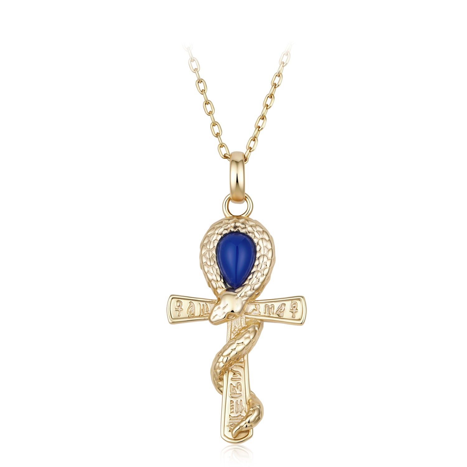 Gold-Plated 925 Silver Ancient Egyptian Ankh Necklace with Blue Stone