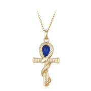 Gold-Plated 925 Silver Ancient Egyptian Ankh Necklace with Blue Stone