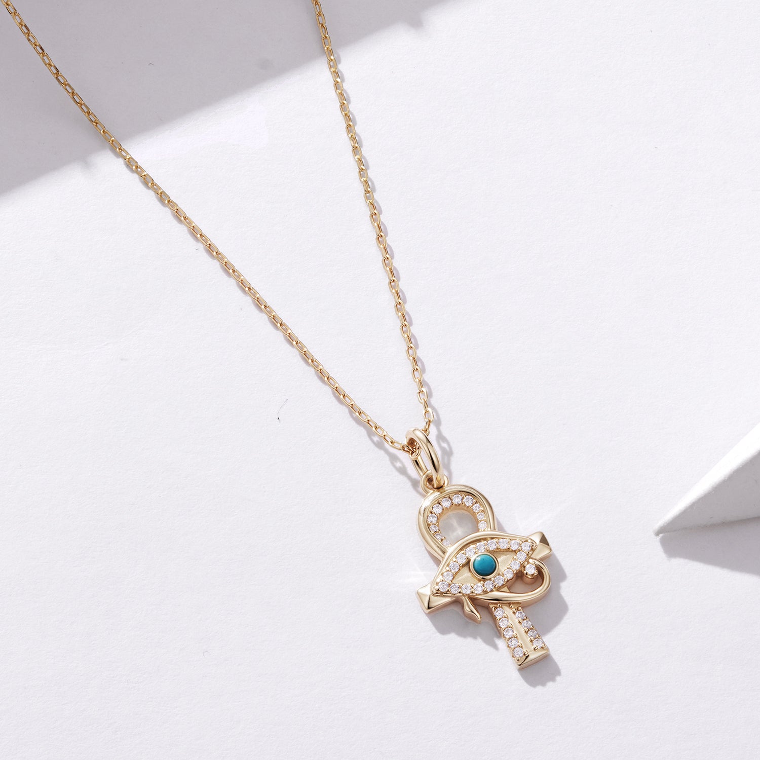 Gold-Plated 925 Silver Ankh Necklace with the Eye of Horus and Zircon Stones