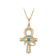 Gold-Plated 925 Silver Ankh Necklace with the Eye of Horus and Zircon Stones