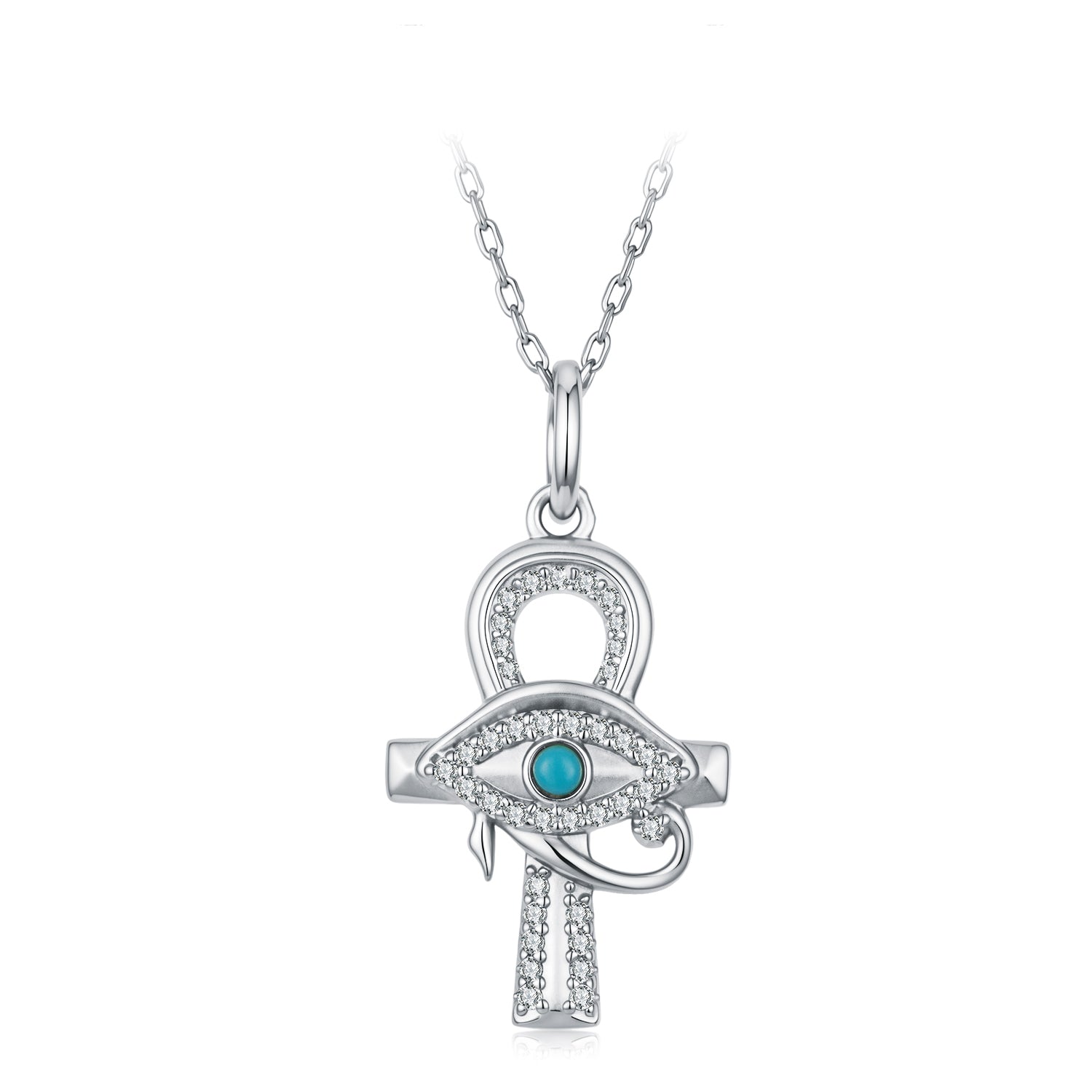 925 Silver Ancient Egyptian Ankh Necklace with the Eye of Horus and Zircon Stones