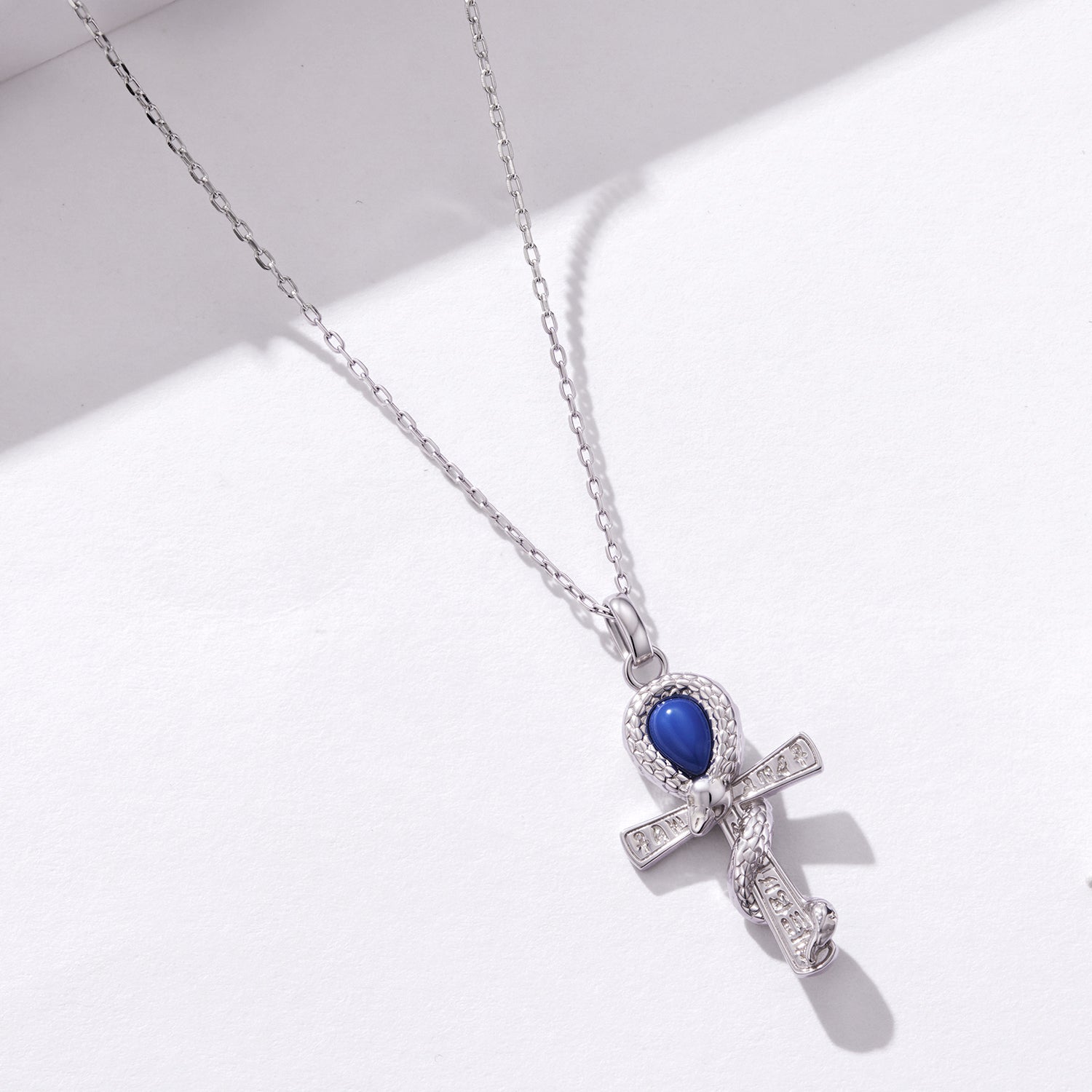 925 Silver Ancient Egyptian Ankh Necklace with Blue Stone