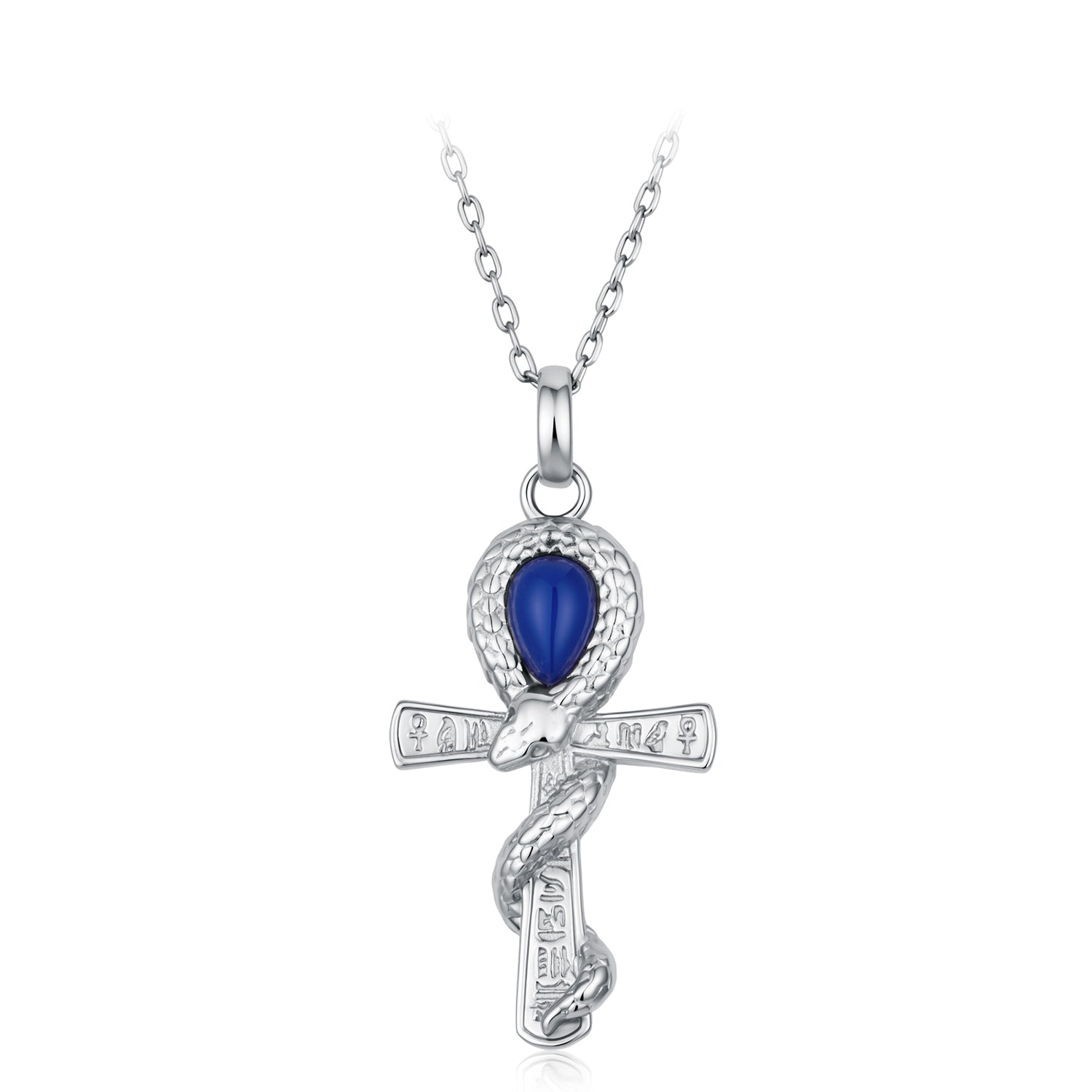 925 Silver Ancient Egyptian Ankh Necklace with Blue Stone