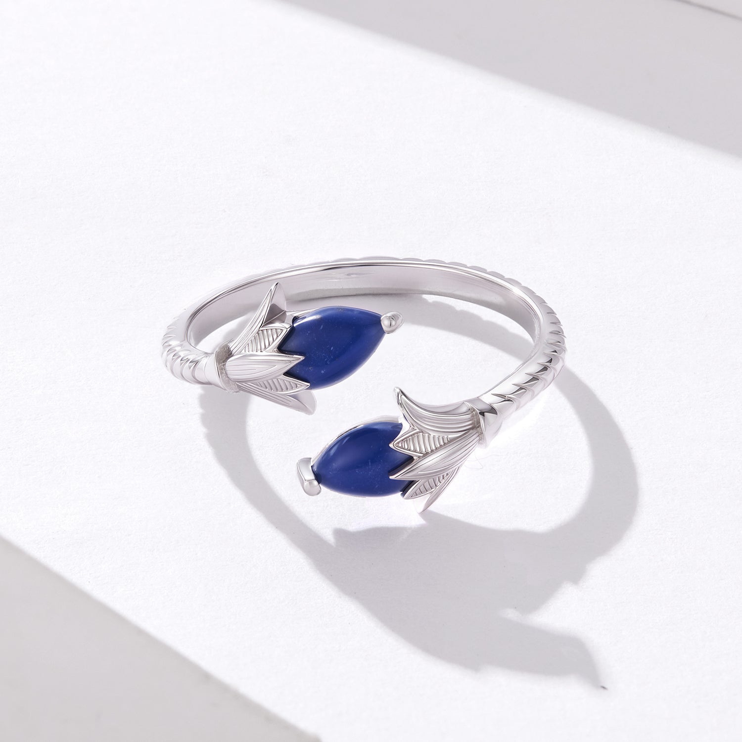 925 Silver Ancient Egyptian Lotus Flower Ring with Blue Stone