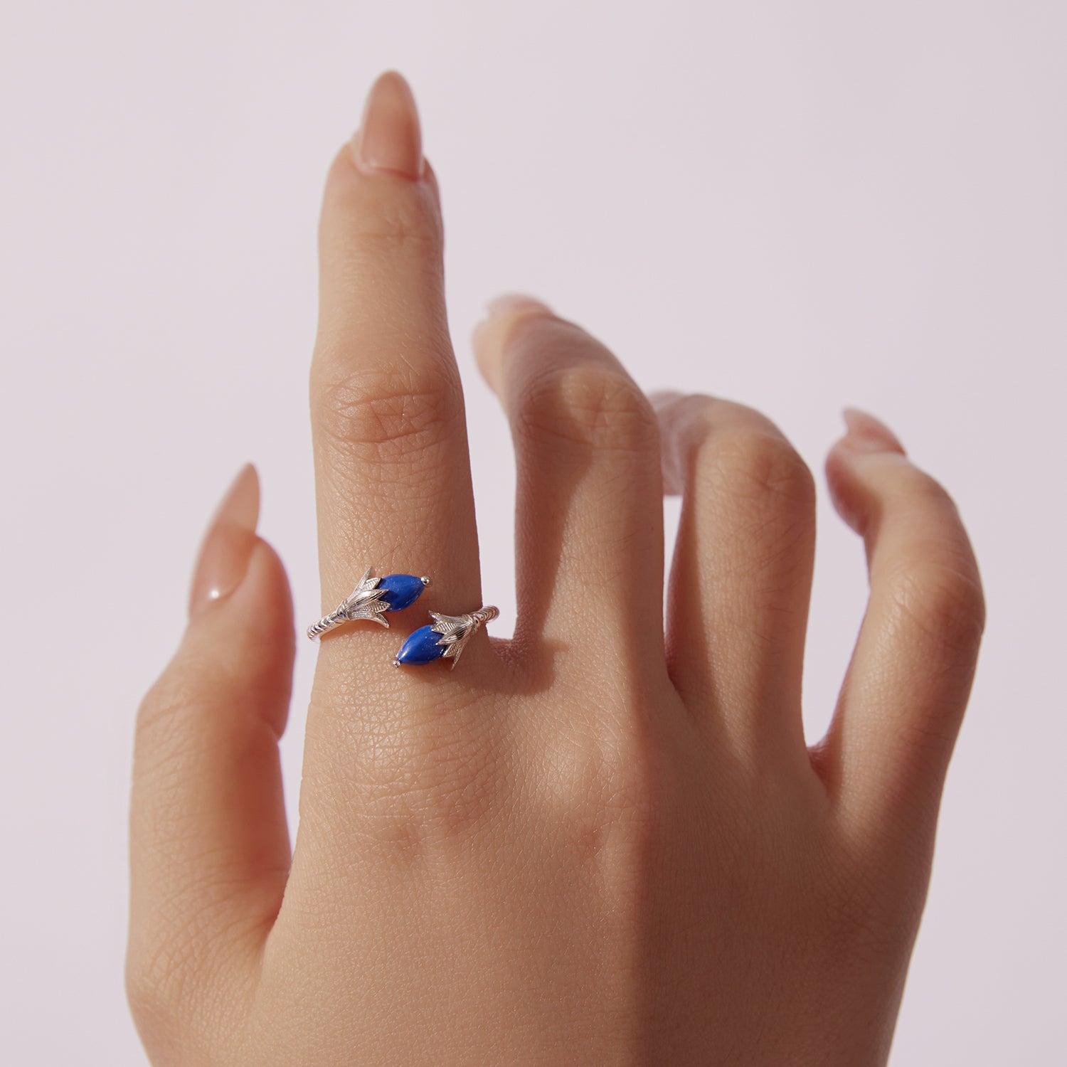 925 Silver Ancient Egyptian Lotus Flower Ring with Blue Stone