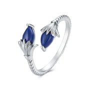 925 Silver Ancient Egyptian Lotus Flower Ring with Blue Stone