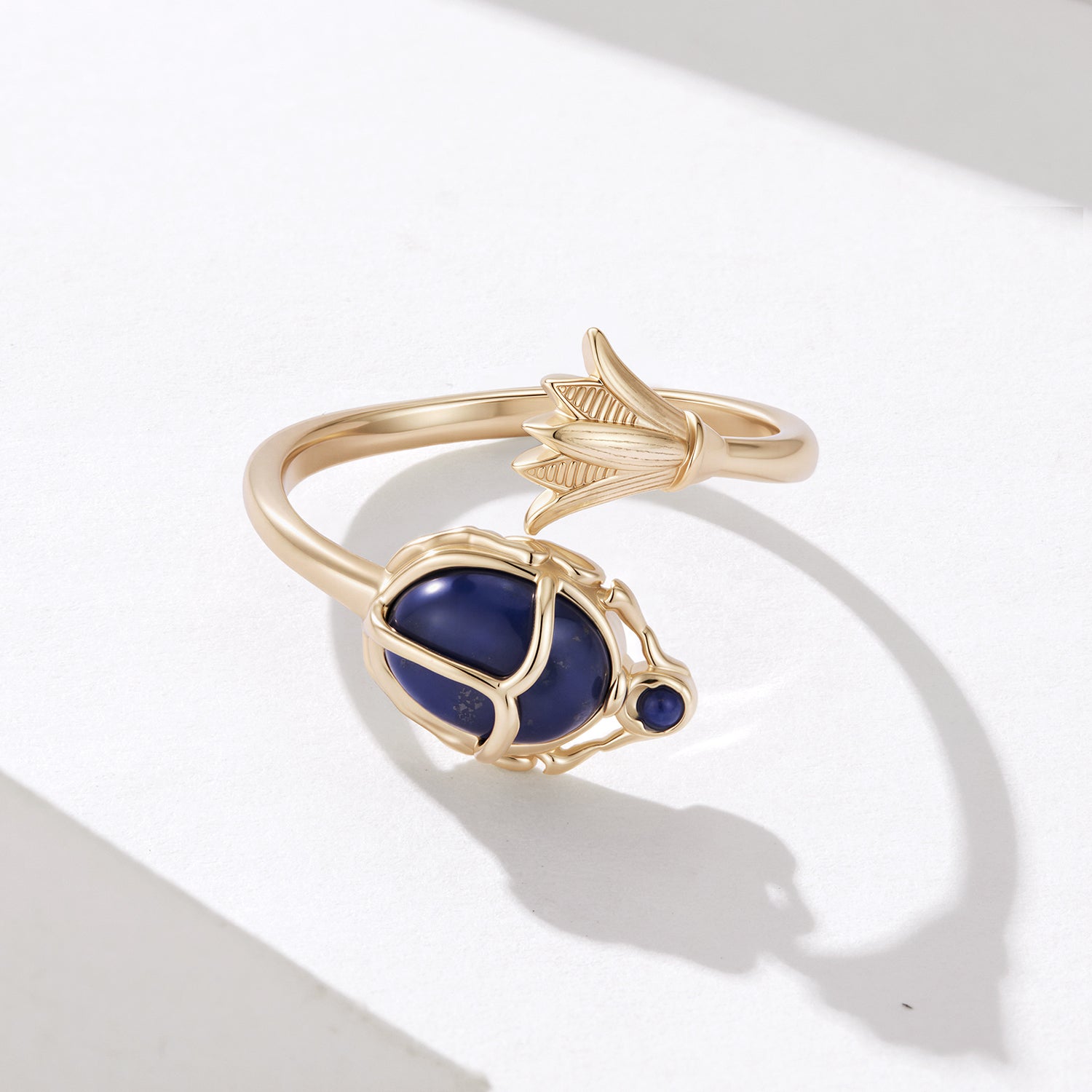 Gold-Plated 925 Silver Ancient Egyptian Scarab Ring with Blue Stone