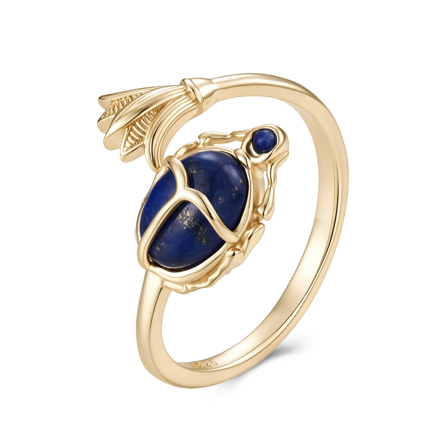 Gold-Plated 925 Silver Ancient Egyptian Scarab Ring with Blue Stone