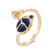 Gold-Plated 925 Silver Ancient Egyptian Scarab Ring with Blue Stone