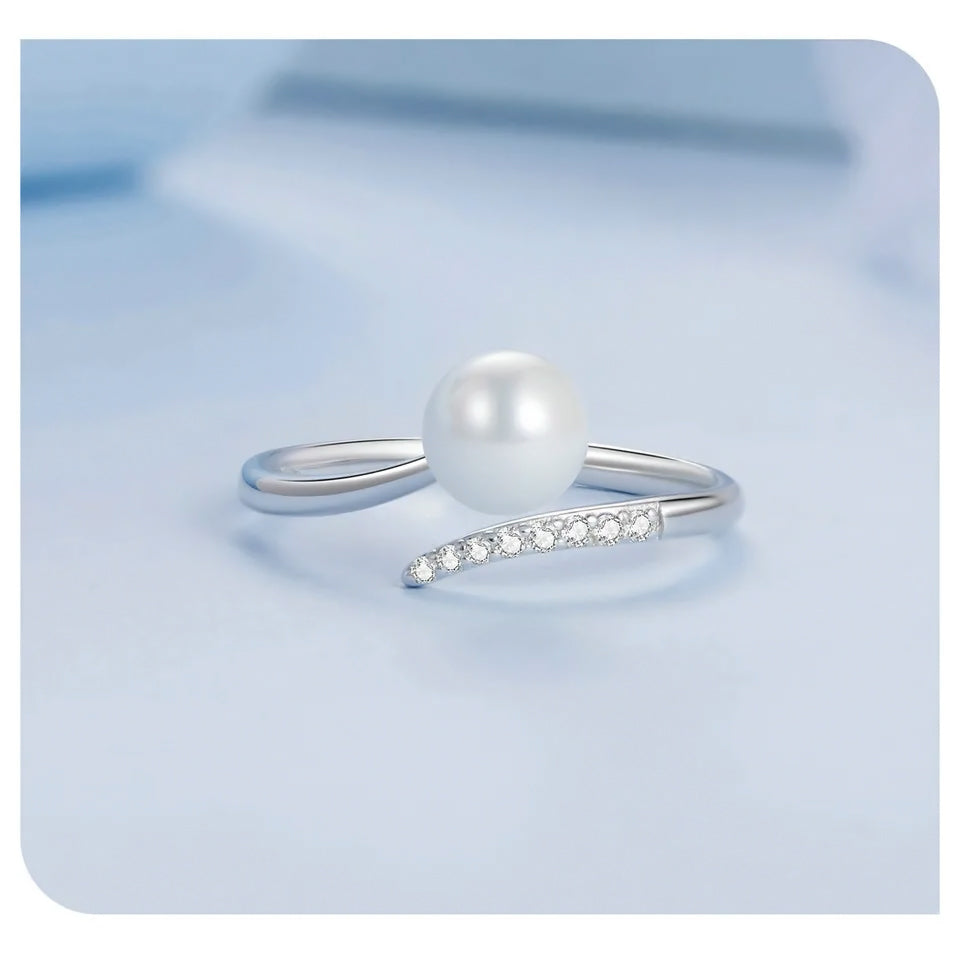 Elegant Pearl Ring – 925 Silver with Open Design and Sparkling Zircon


