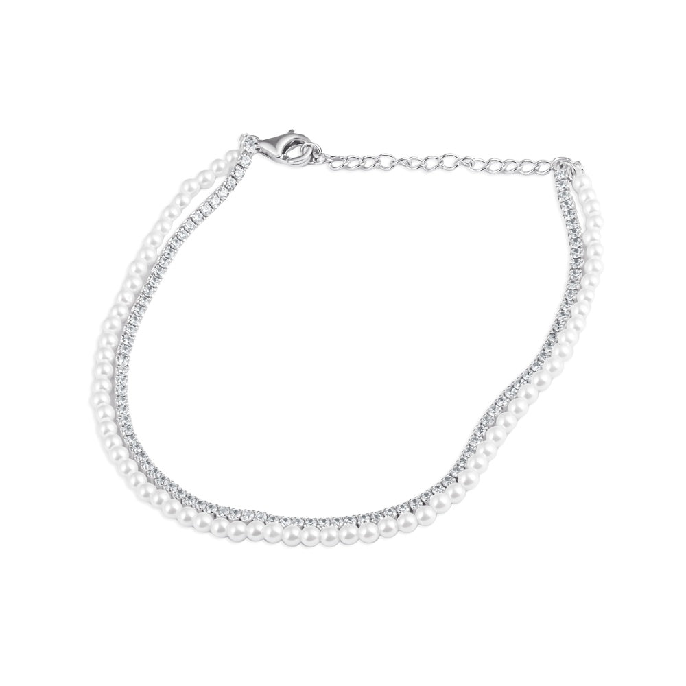 925 Sterling Silver Tennis Chain with Two Layers of Zircon and Pearls