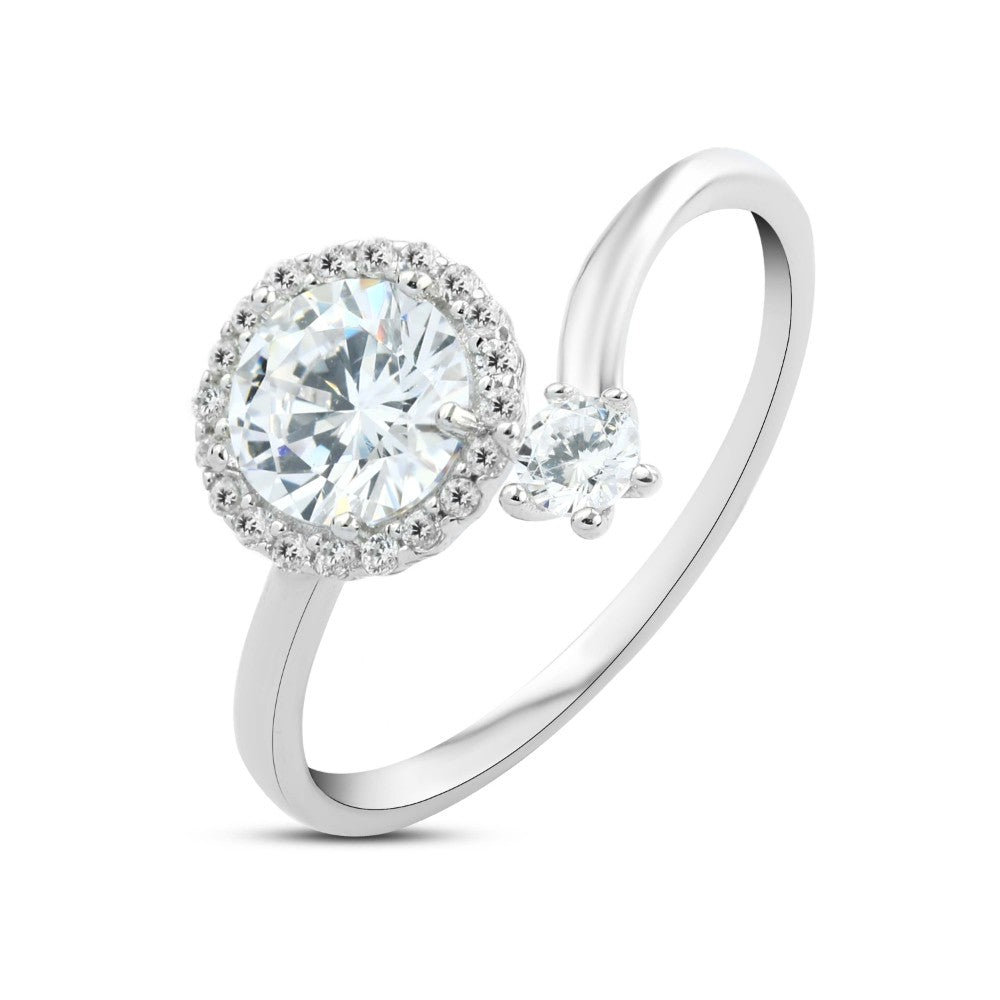 Double Spark Ring – 925 Sterling Silver with Round Center and Side Zircon

