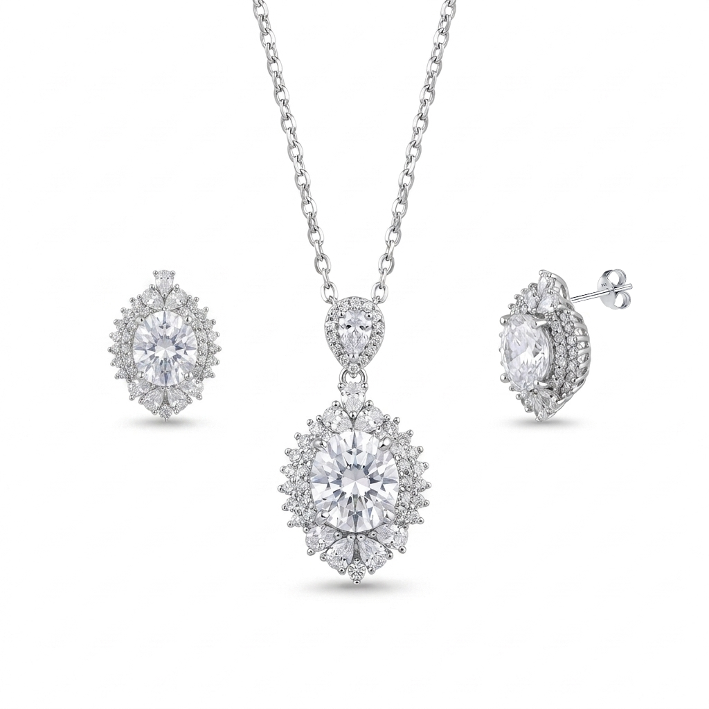The "Flower" Set in 925 Silver with Sparkling Small Surrounding Stones