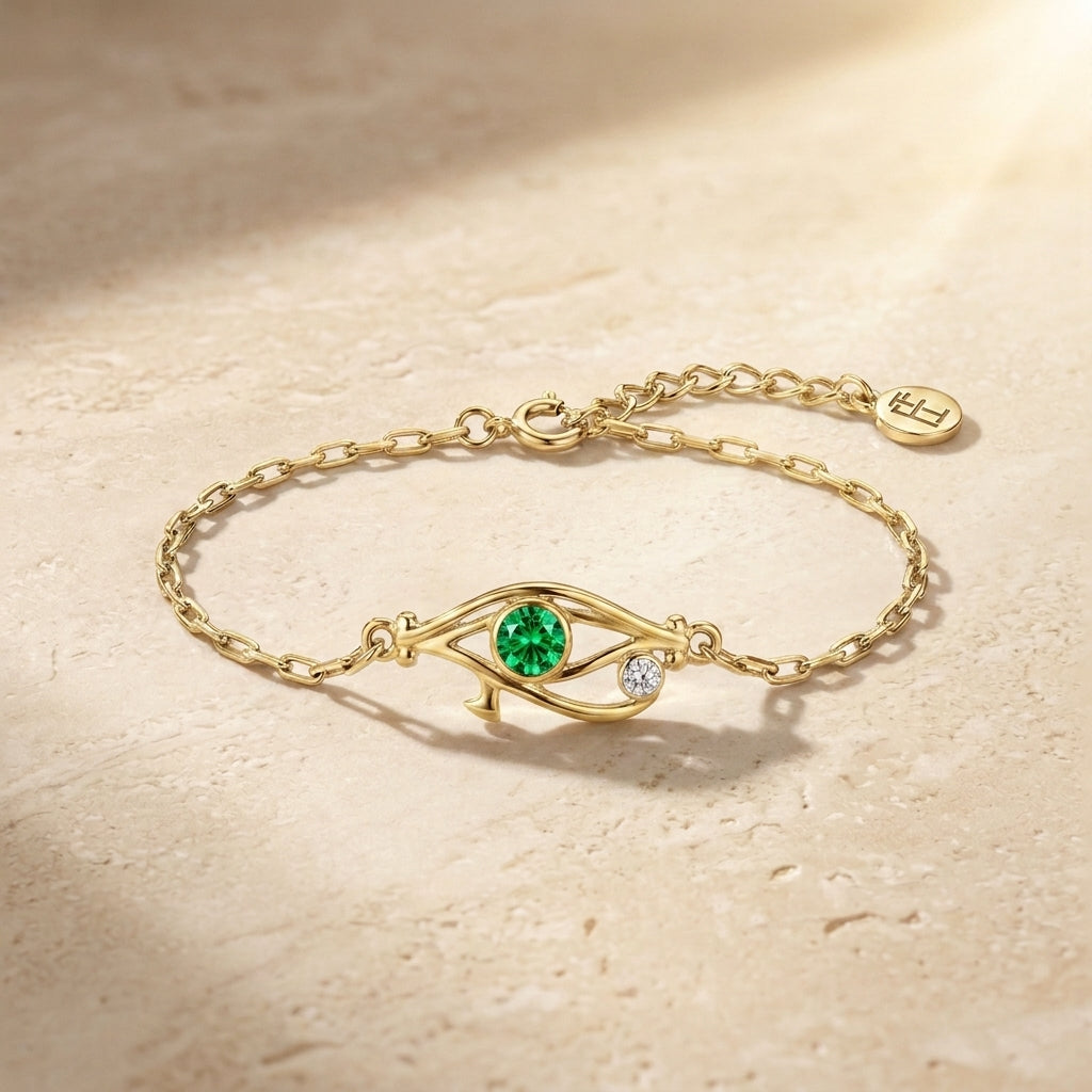 Pharaoh's Eye of Horus Gold Bracelet with Green Stone 925 Silver