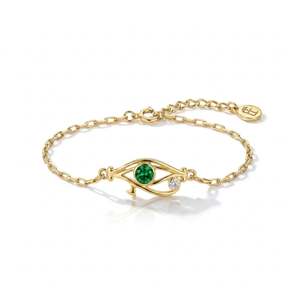 Pharaoh's Eye of Horus Gold Bracelet with Green Stone 925 Silver