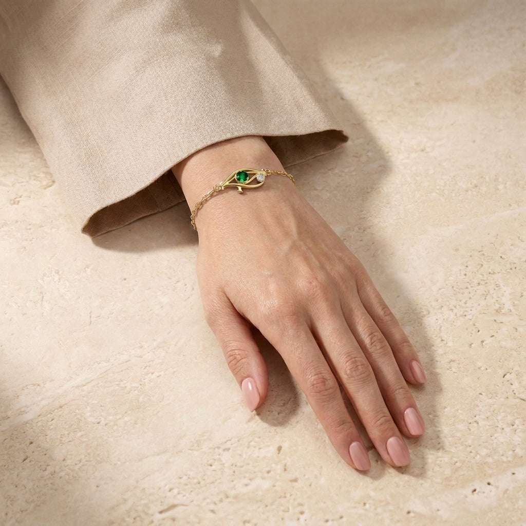 Pharaoh's Eye of Horus Gold Bracelet with Green Stone 925 Silver