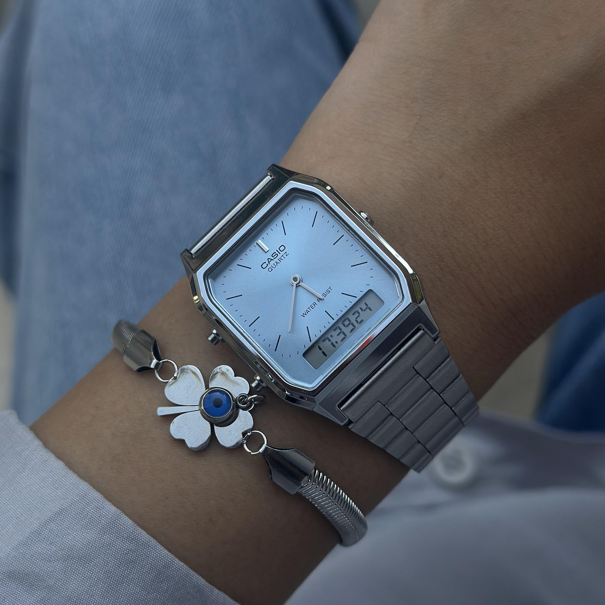 Casio Vintage Blue Analog-Digital Dial Silver Stainless Steel AQ-230A-2A1MQYDF