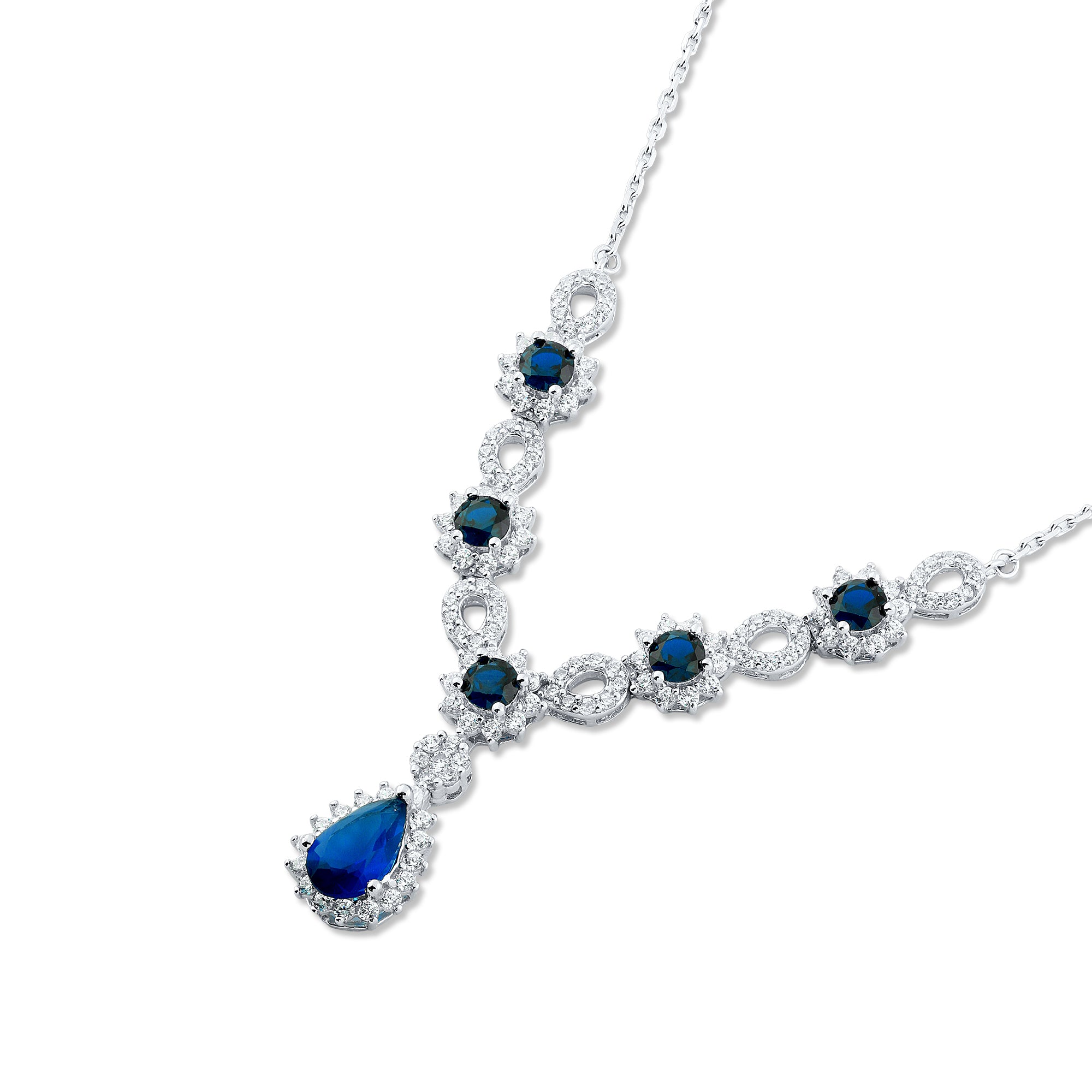 عقد كلاسيك بحجر أزرق وفصوص لامعة فضة عيار 925
