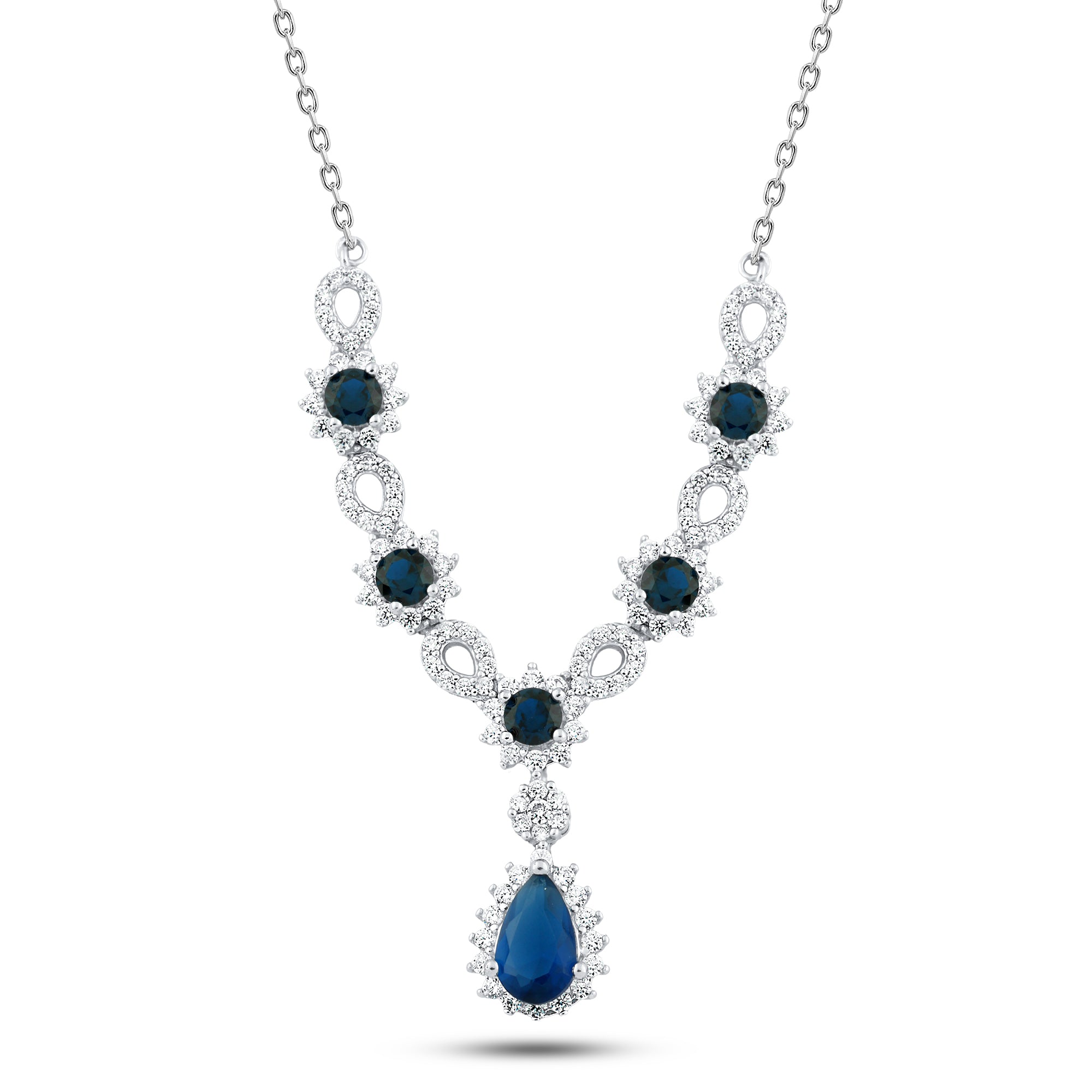 عقد كلاسيك بحجر أزرق وفصوص لامعة فضة عيار 925