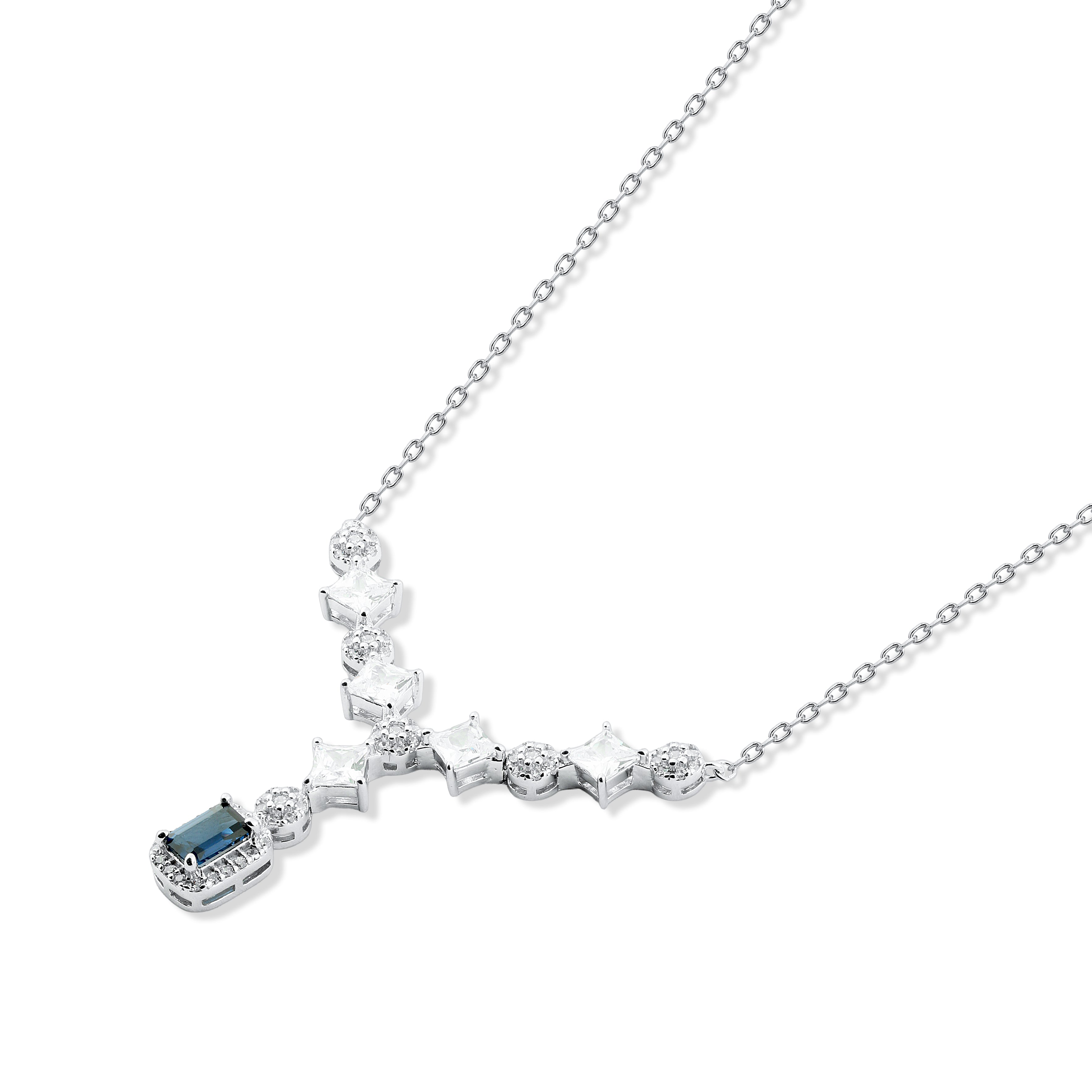 عقد فضه عيار 925 فاخر بحجر أزرق مستطيل وفصوص لامعة