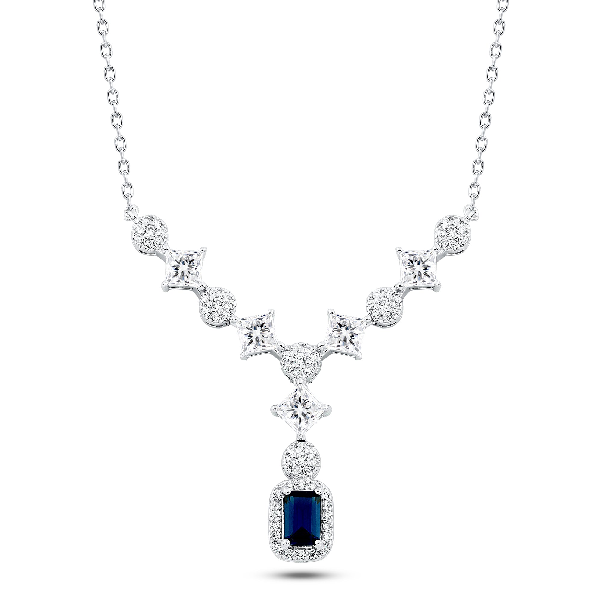 عقد فضه عيار 925 فاخر بحجر أزرق مستطيل وفصوص لامعة