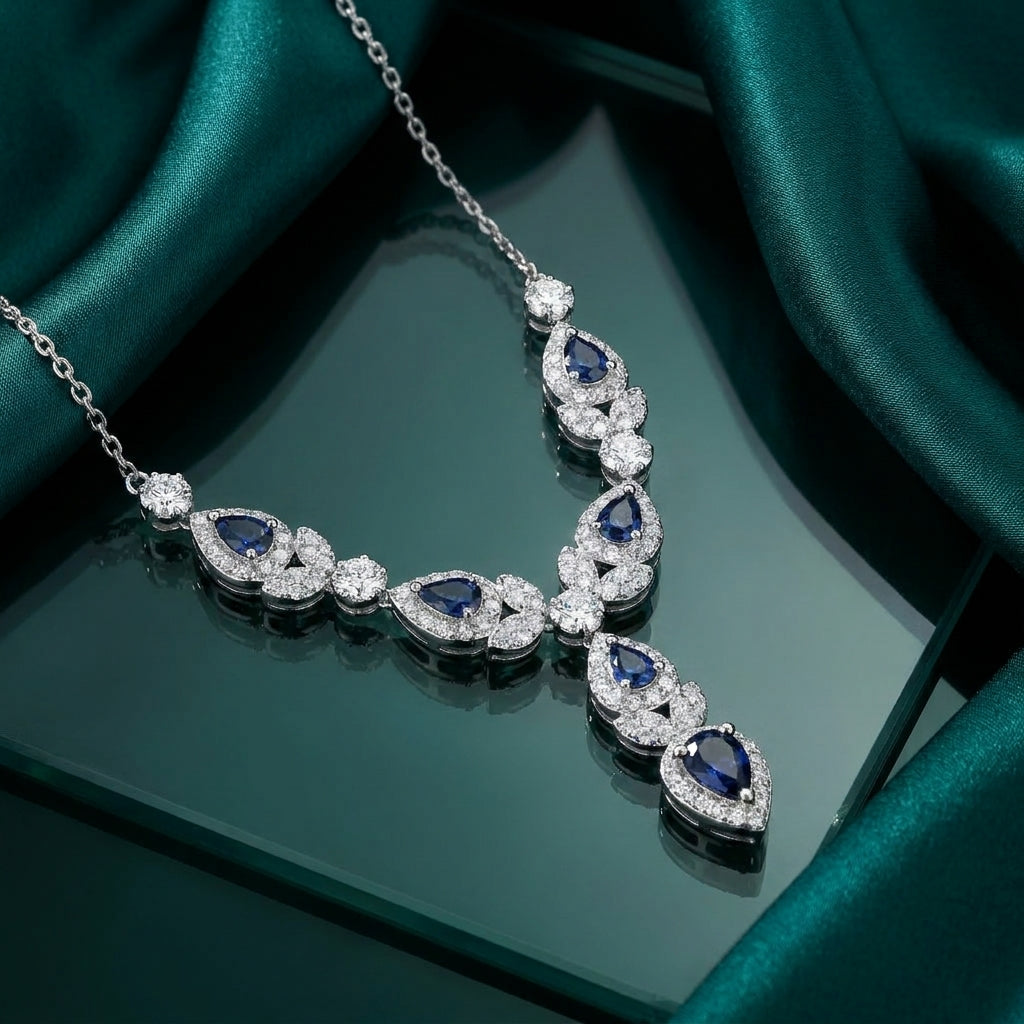 925 Silver Necklace with Blue Stone in a Luxurious Drop Design
