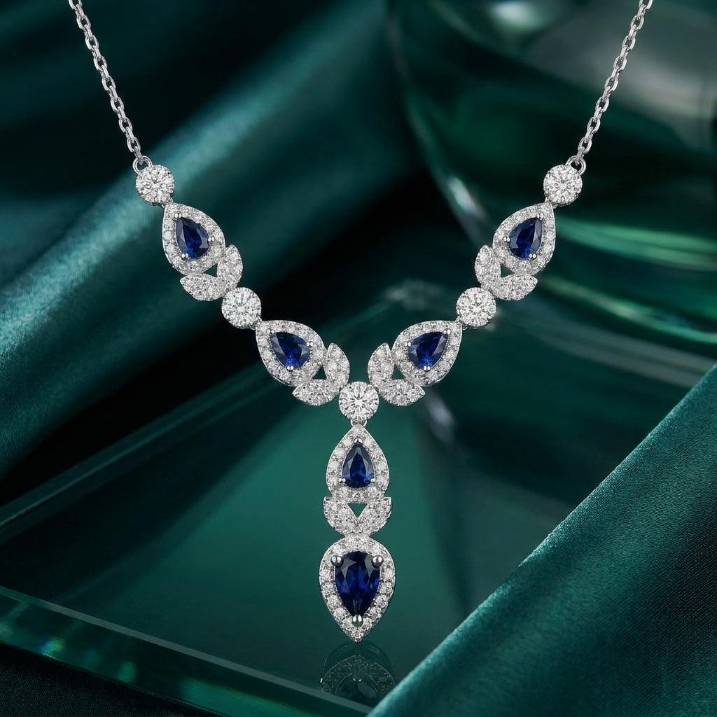 925 Silver Necklace with Blue Stone in a Luxurious Drop Design