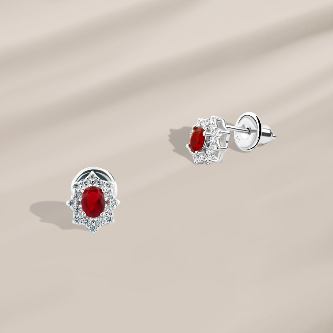 Spiral stud earrings with a round red stone surrounded by zircon, 925 silver