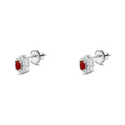 Spiral stud earrings with a round red stone surrounded by zircon, 925 silver