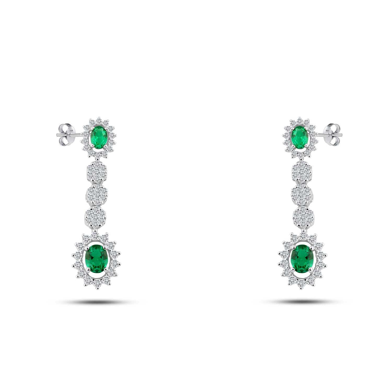 حلق فضة متدلي بحجر أخضر وفصوص بيضاء – عيار 925