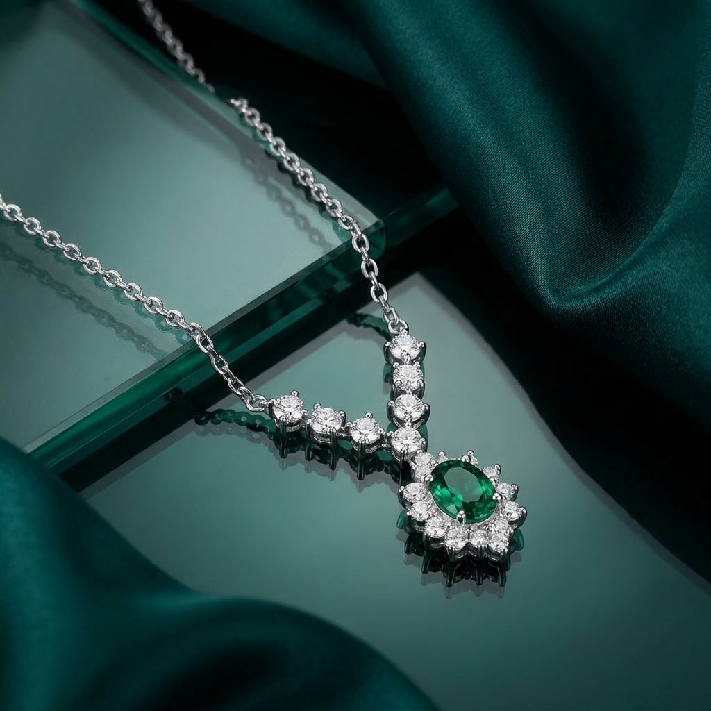 925 Silver Necklace with Green Emerald Stone and Sparkling Details