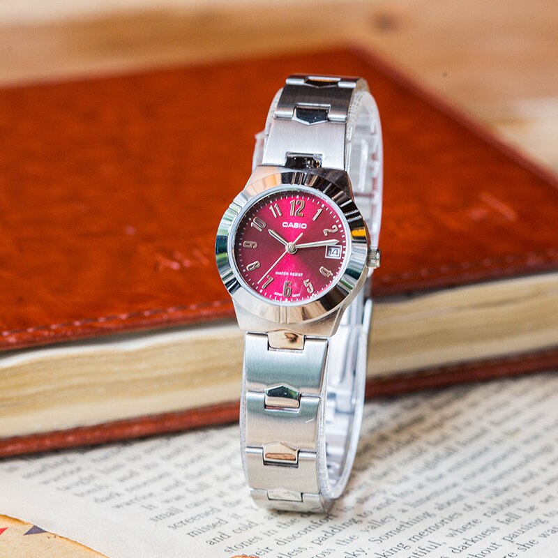 Casio-watch-rose-red-small-plate-steel-band-quartz-ladies-watch-LTP-1241D-4A2