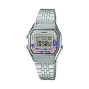 LA680WA-2CDF – Stylish Casio Digital Watch with Silver Metal Strap and Distinctive Pink Design