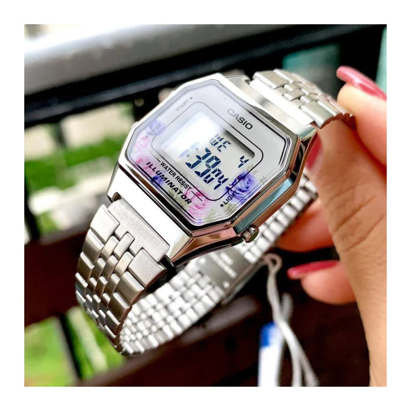 LA680WA-2CDF – Stylish Casio Digital Watch with Silver Metal Strap and Distinctive Pink Design