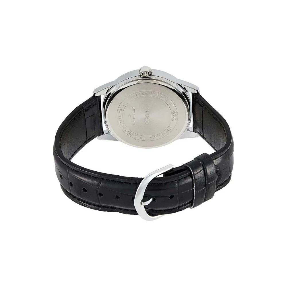 ساعة كاسيو رجالية مينا أبيض بسوار جلد أسود – MTP-V001L-7BUDF